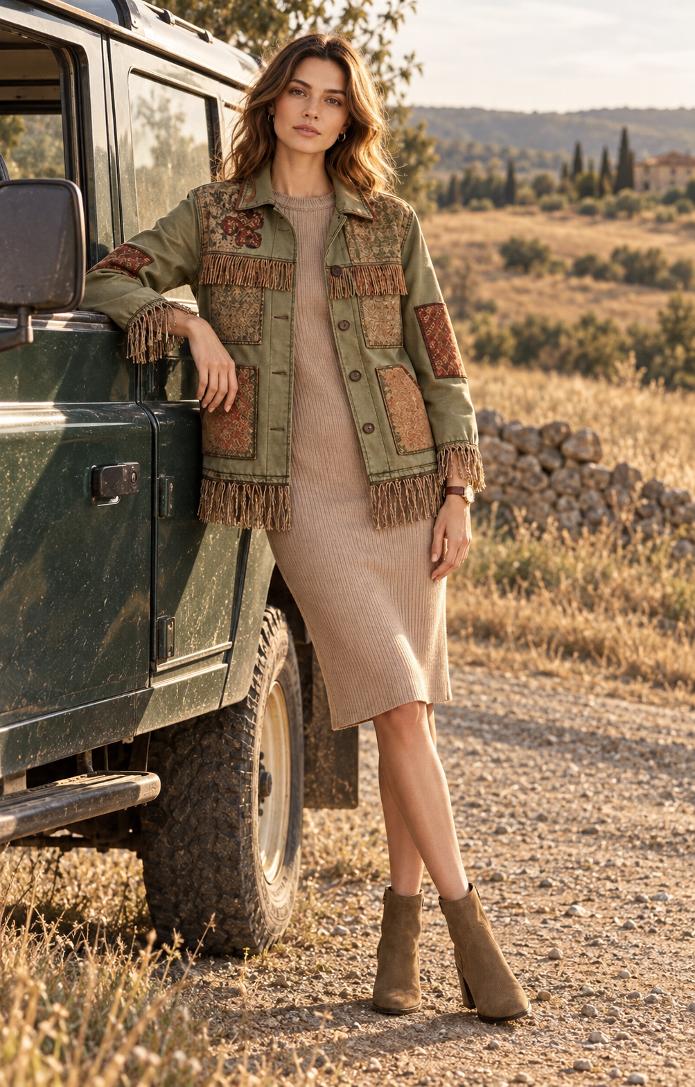 Fringed Patchwork Utility Jacket photographed outdoors beside a vehicle