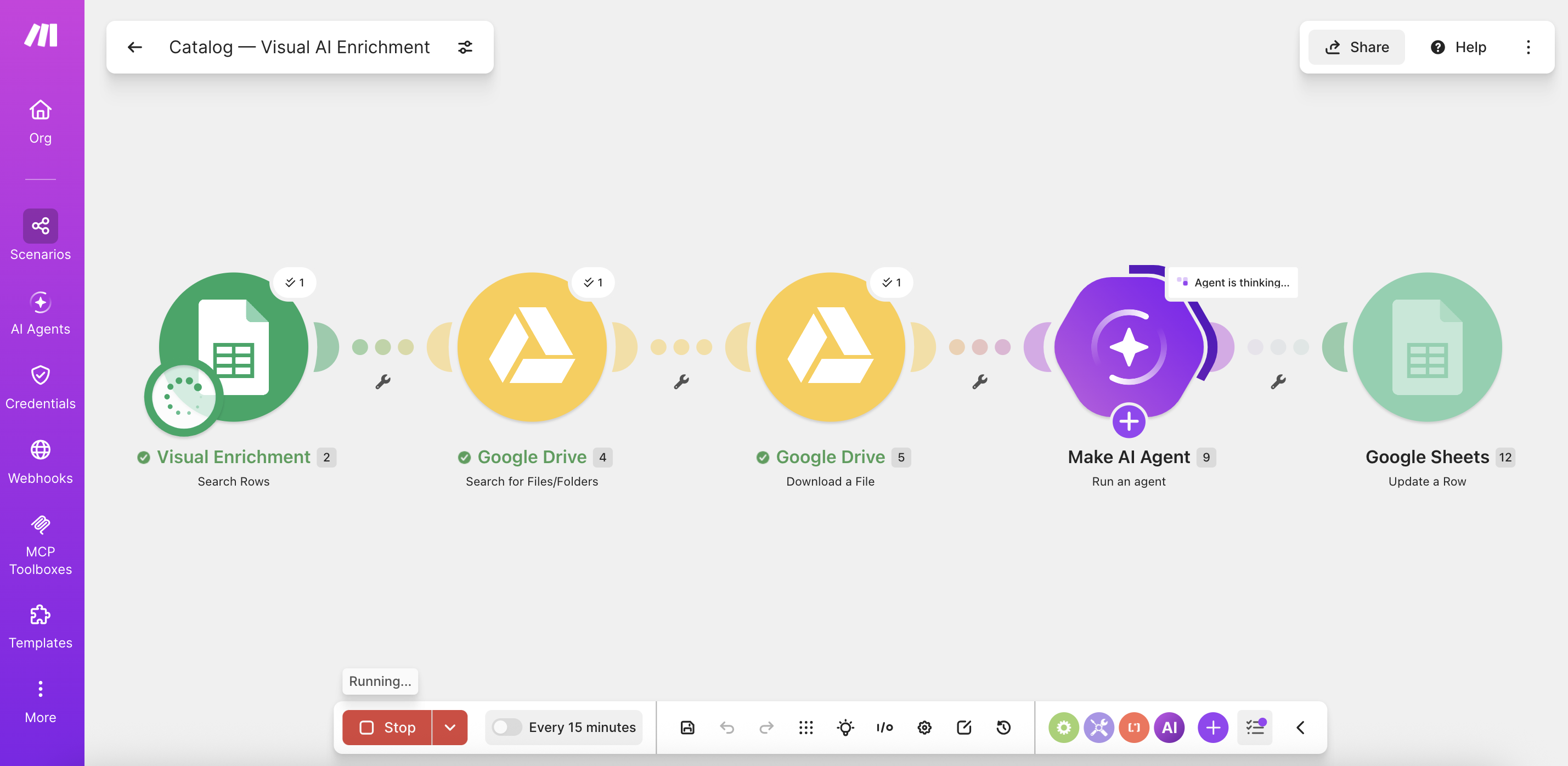 Make.com scenario connecting Google Sheets, Google Drive and the AI agent