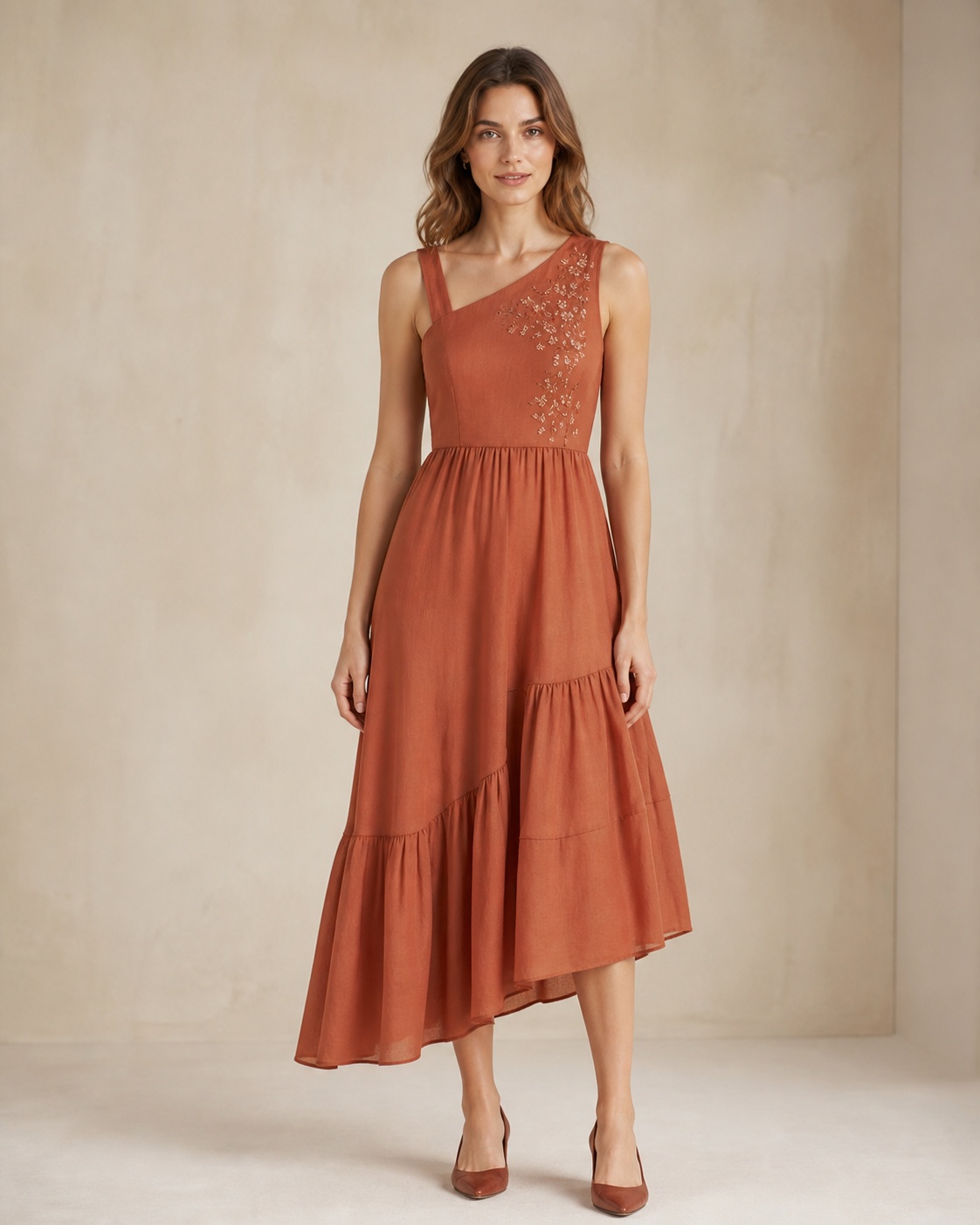 Terracotta one-shoulder embroidered midi dress