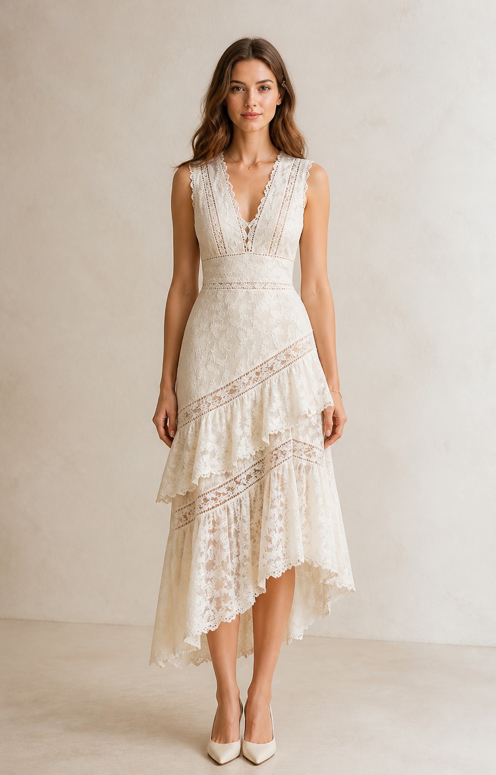 Ivory lace V-neck sleeveless midi dress with tiered asymmetric hem on a model