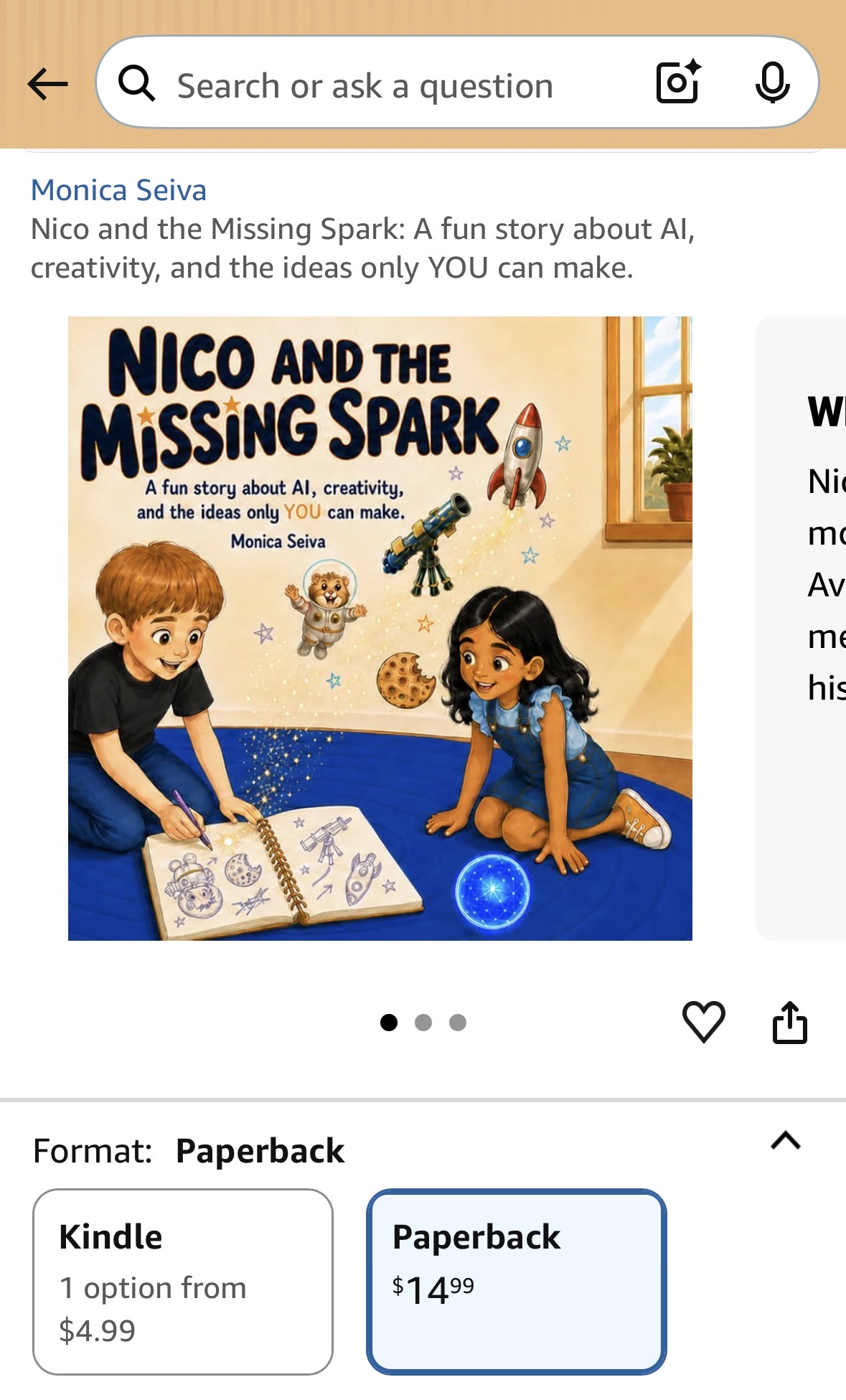 Mobile Amazon listing for Nico and the Missing Spark