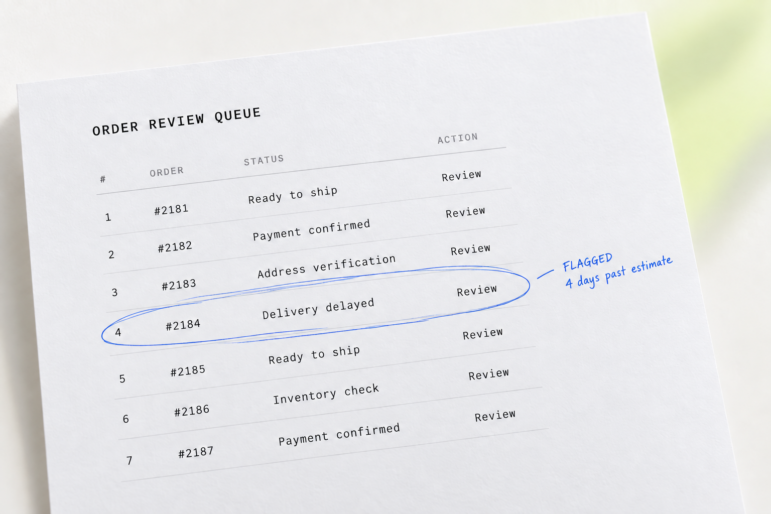 Bright printed English order-review sheet with order 2184 softly circled in cobalt-blue pen and a small handwritten note saying flagged, four days past estimate
